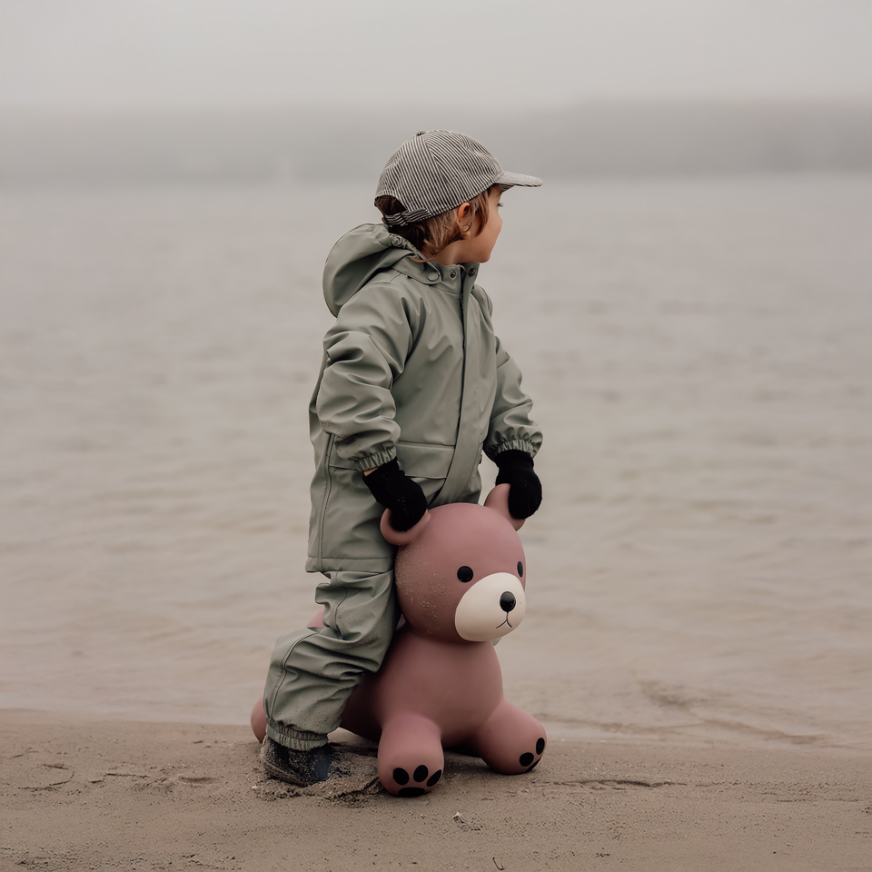 A child wearing a light sage green hooded rain suit, black gloves, and a gray cap stands on a sandy shore holding a pink teddy bear against a misty body of water.