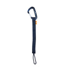 Black carabiner with a strap on a white background