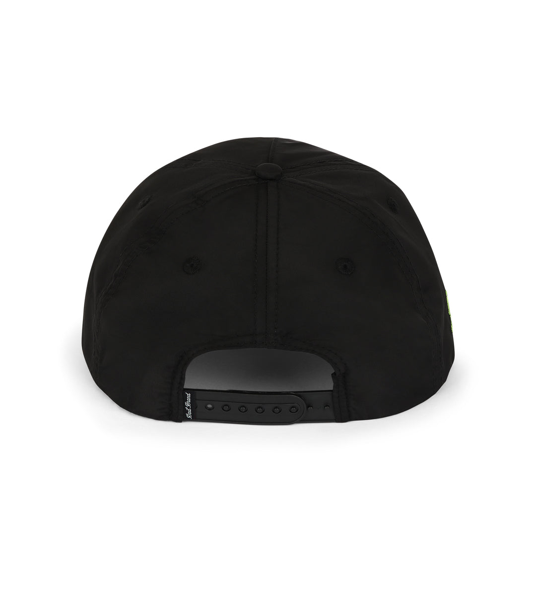 Black cap with a brand logo on the back against a white background