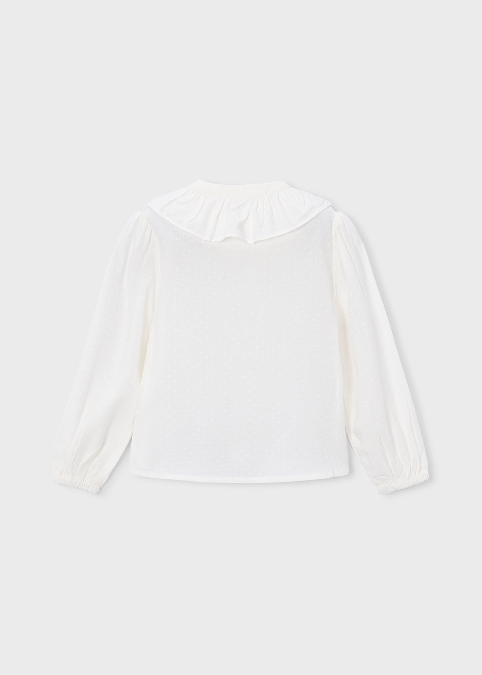 A white long-sleeve blouse with a ruffled collar, displayed flat against a light gray background.
