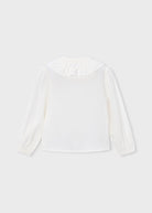 A white long-sleeve blouse with a ruffled collar, displayed flat against a light gray background.