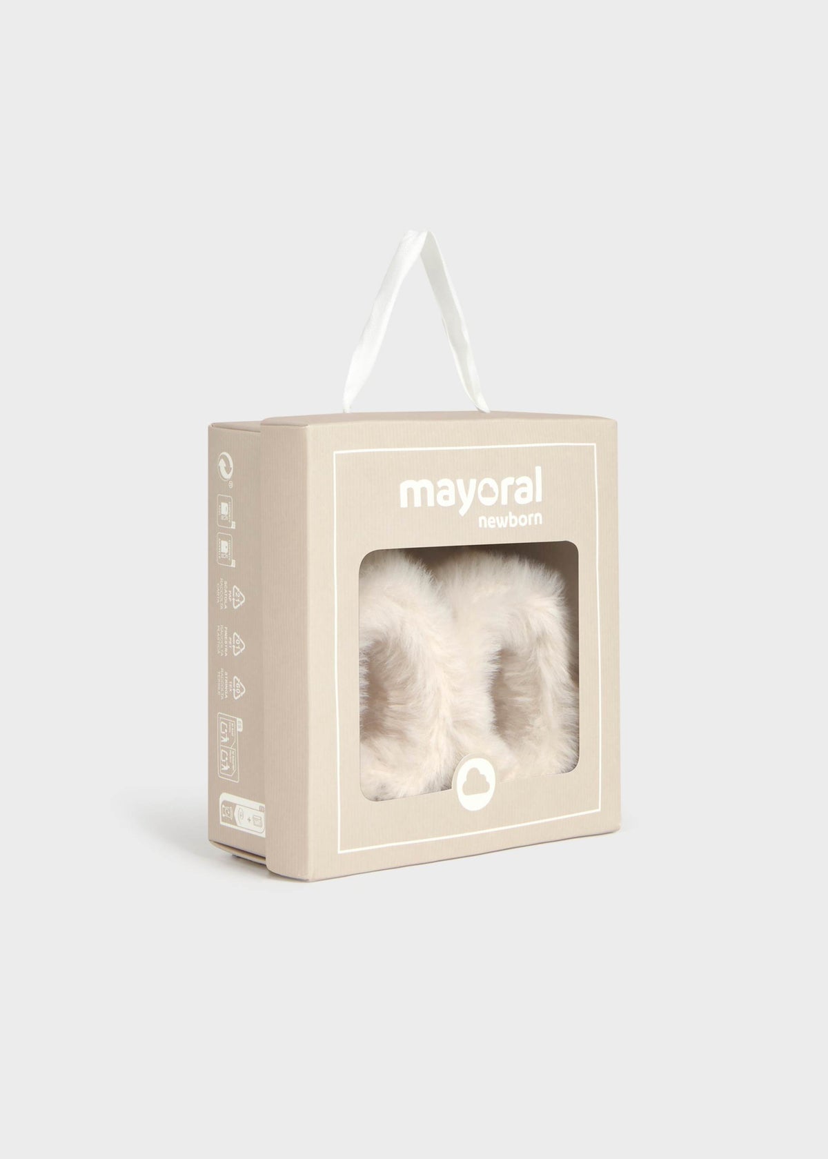 Mayoral Newborn baby booties in a beige presentation box with a clear window showing the fluffy booties inside, set against a light gray background.