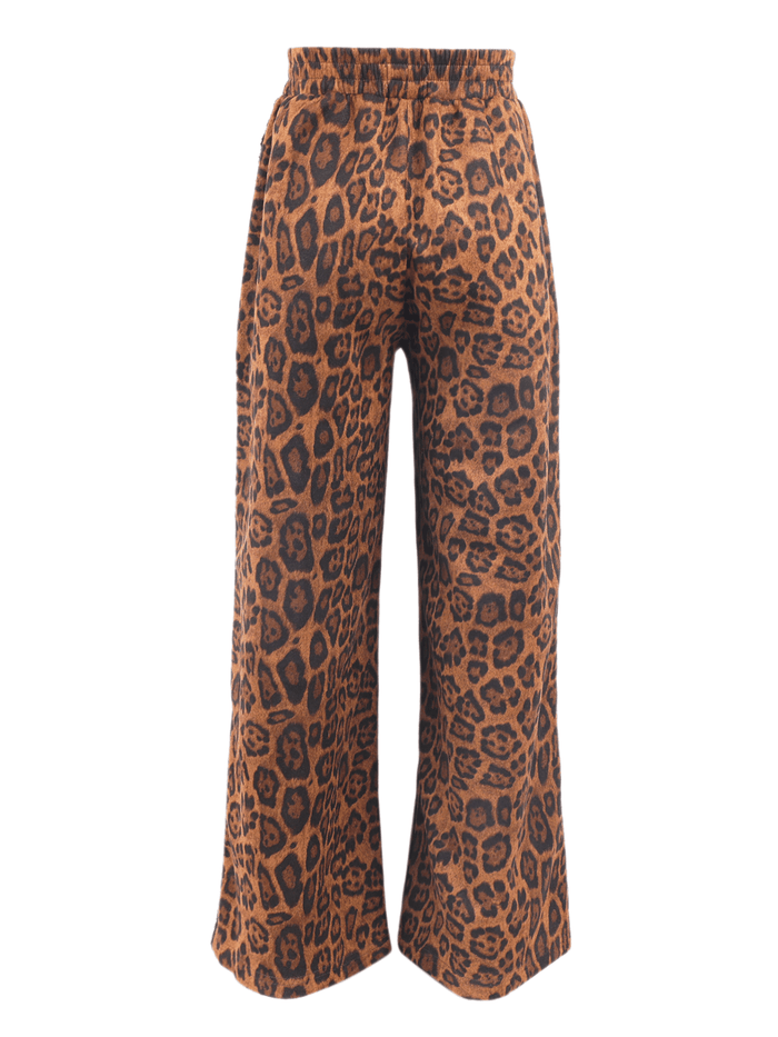 Wide-leg trousers featuring a brown and black leopard print pattern, displayed against a solid white background.