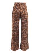 Wide-leg trousers featuring a brown and black leopard print pattern, displayed against a solid white background.