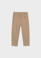 A pair of beige trousers shown from the back on a light gray background.