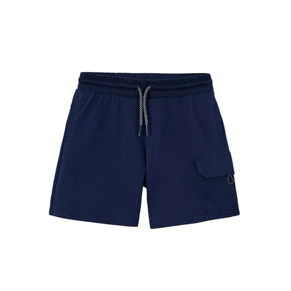 Navy blue athletic shorts with an elastic waistband, a black and white striped drawstring, and a side cargo pocket, shown against a plain white background.