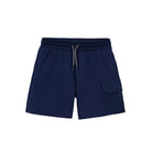 Navy blue athletic shorts with an elastic waistband, a black and white striped drawstring, and a side cargo pocket, shown against a plain white background.