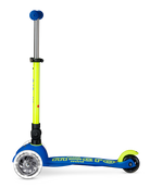 Children's scooter with blue, yellow, and green colors on a white background