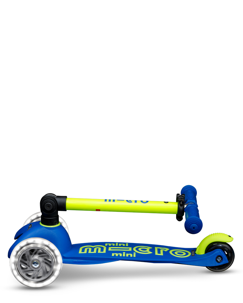 Blue and yellow scooter with 'mini micro' branding on a white background