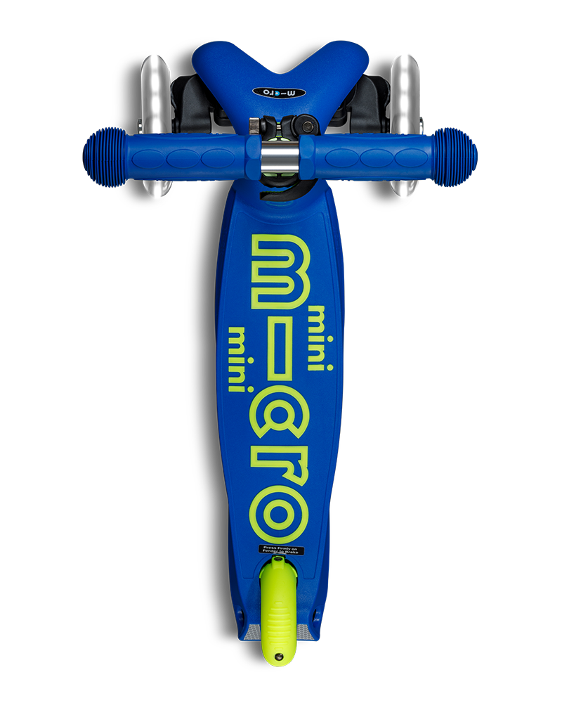 Blue and green scooter with 'mini' branding on a white background