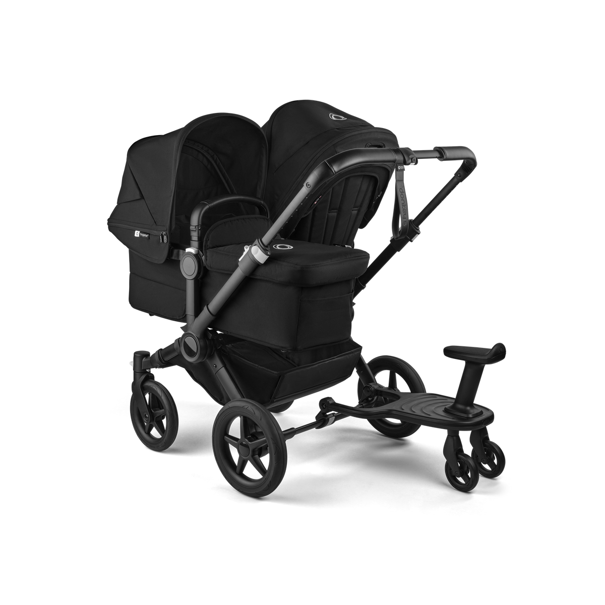 Black stroller with canopy on a white background