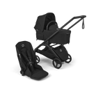 Black baby stroller and car seat on a white background