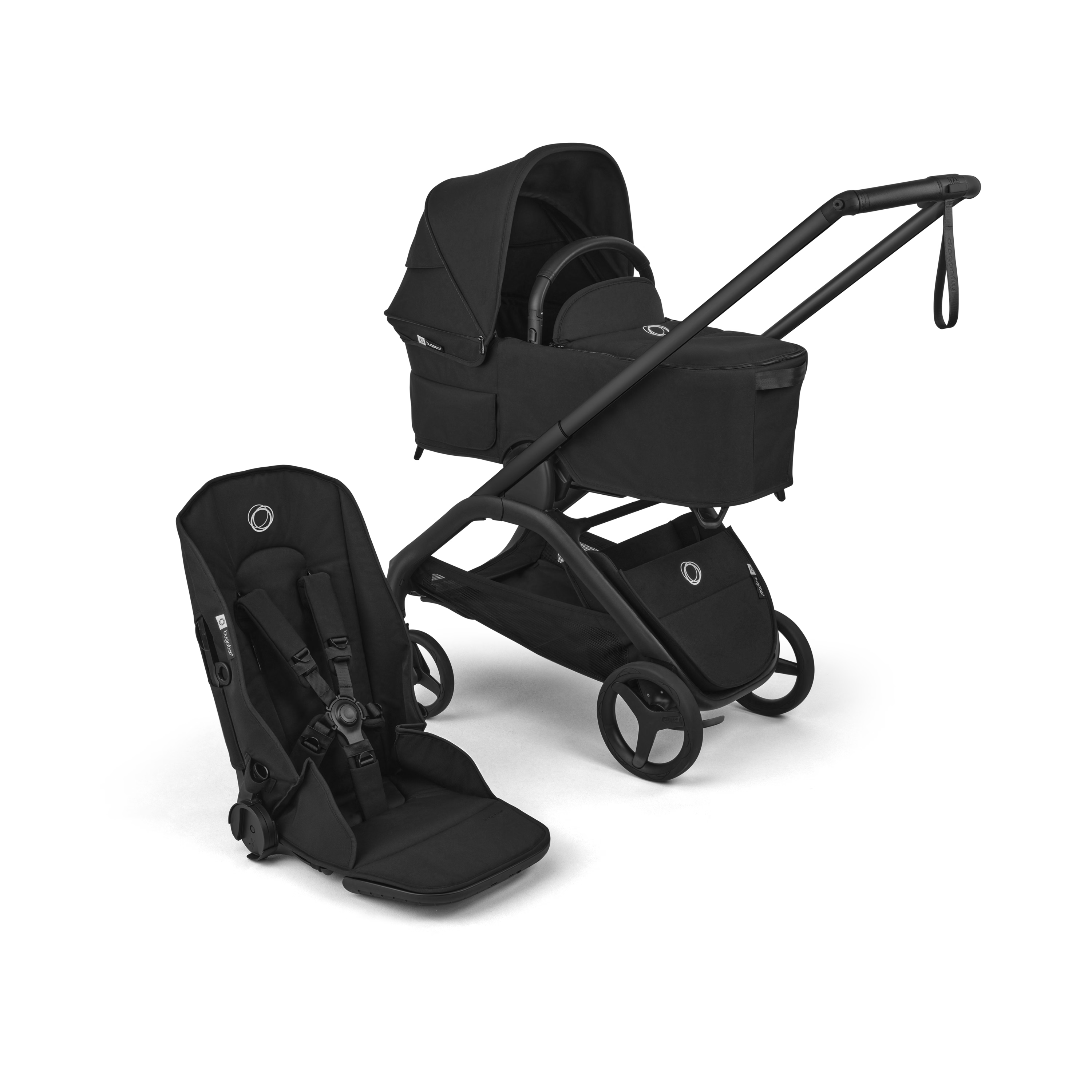 Black baby stroller and car seat on a white background