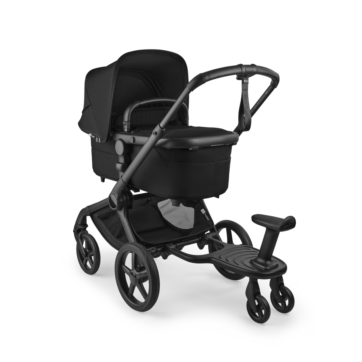 Black stroller with a tray on a white background