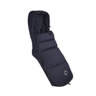 Navy blue baby stroller footmuff on a light gray background