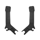 Two black metal brackets on a white background