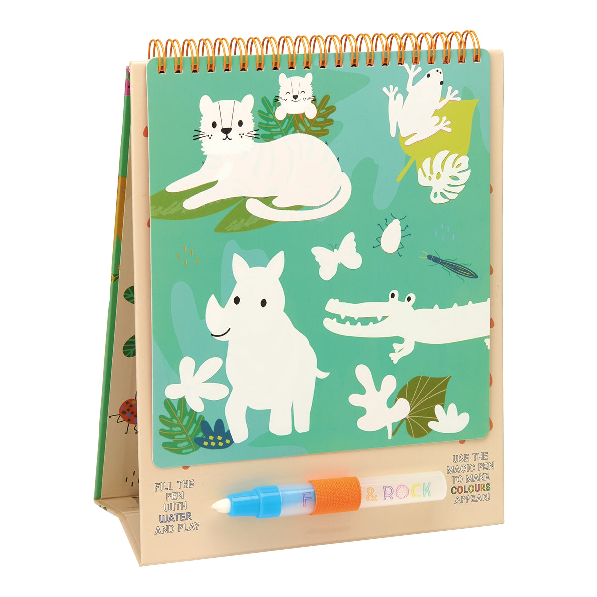 A children's watercolor painting pad with a spiral-bound cover featuring white animal illustrations on a mint green background, shown with a blue and orange watercolor pen on a white background.