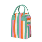 Colorful striped bag with green handles on a white background