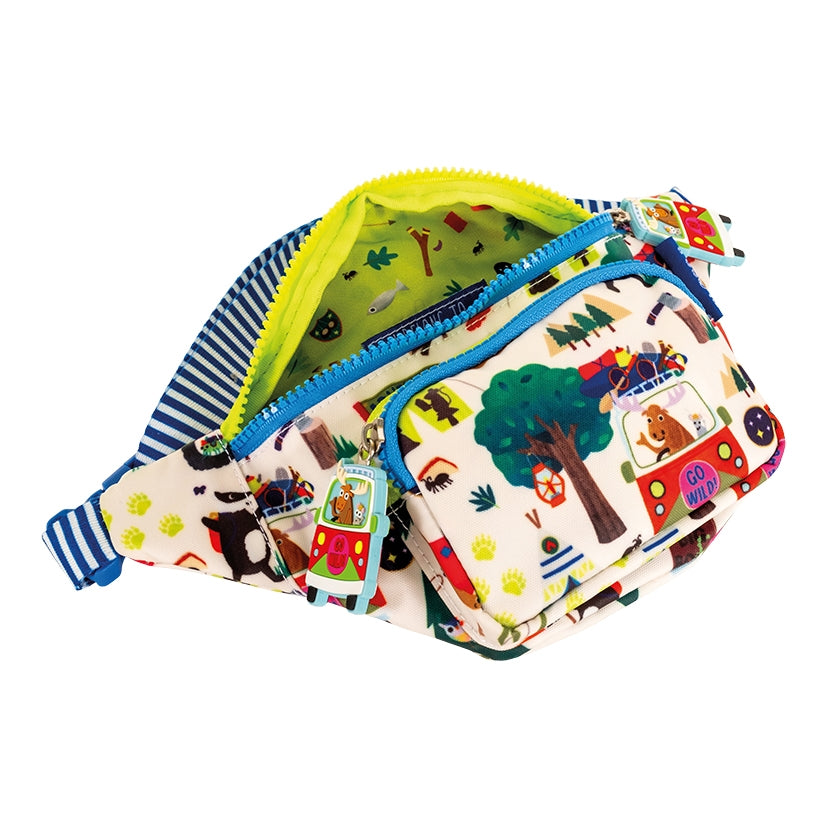Colorful children's pouch with cartoon designs on a white background