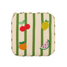 Striped pouch with fruit illustrations on a white background
