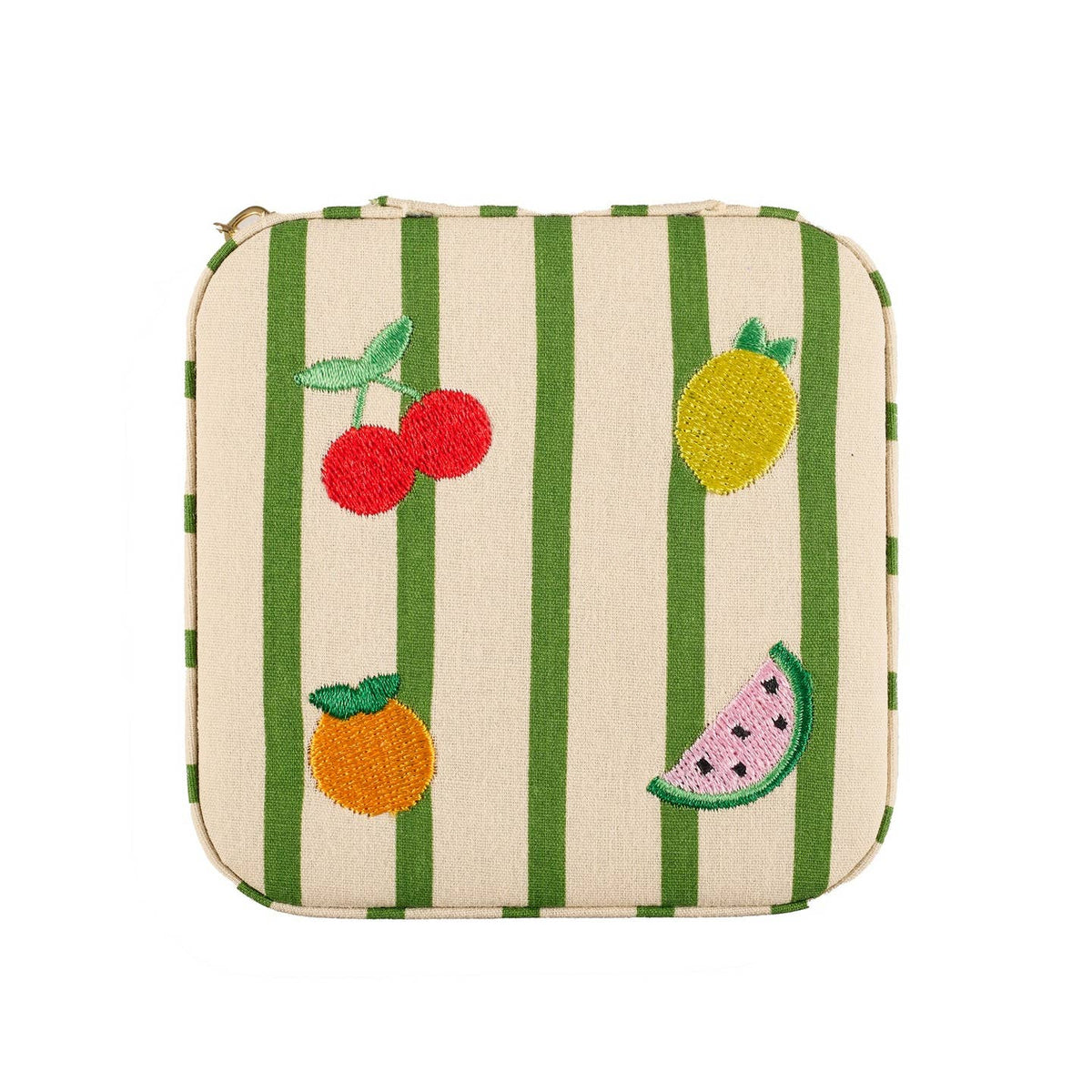 Striped pouch with fruit illustrations on a white background