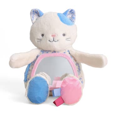 Plush cat toy with blue and pink elements on a white background