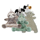 Set of plush toys including a sloth, dog, cat, and sheep on a white background