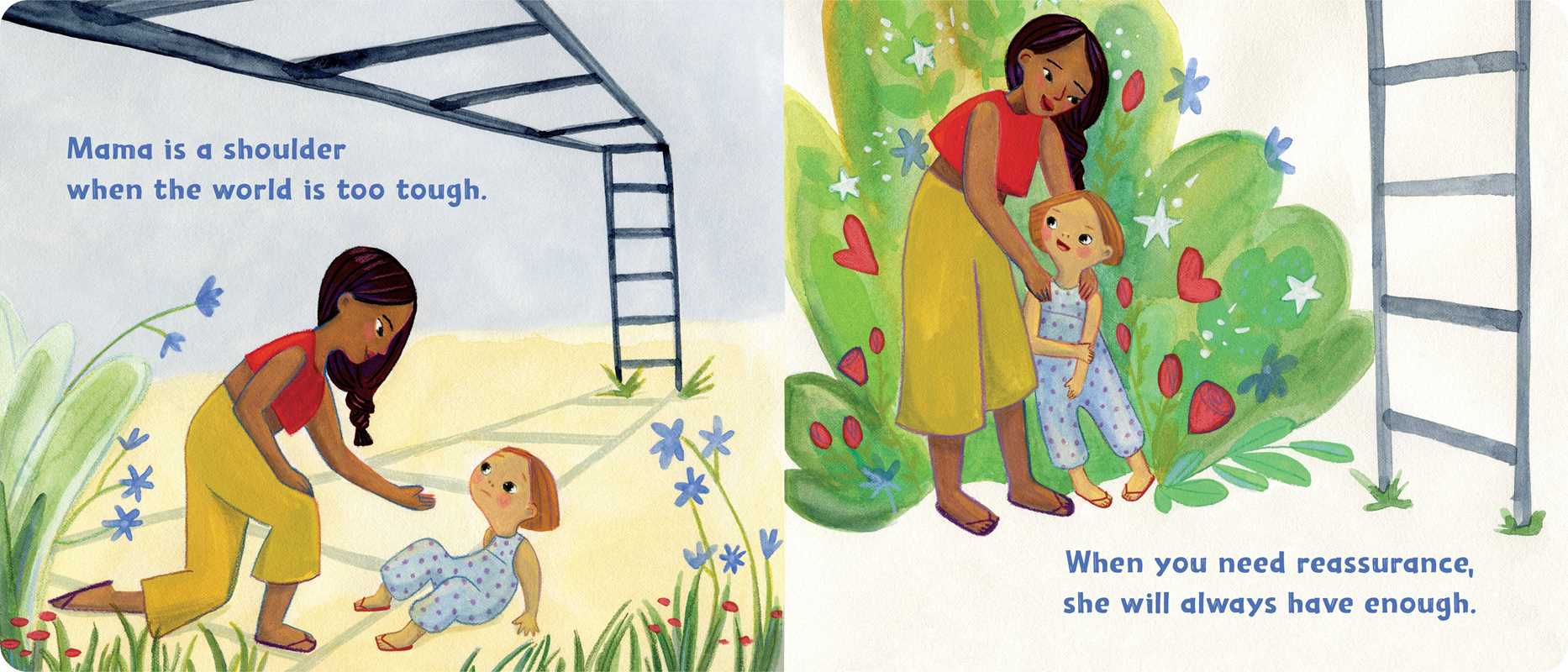 Illustrations of a mother and child interacting with a dog, set against a colorful outdoor background.