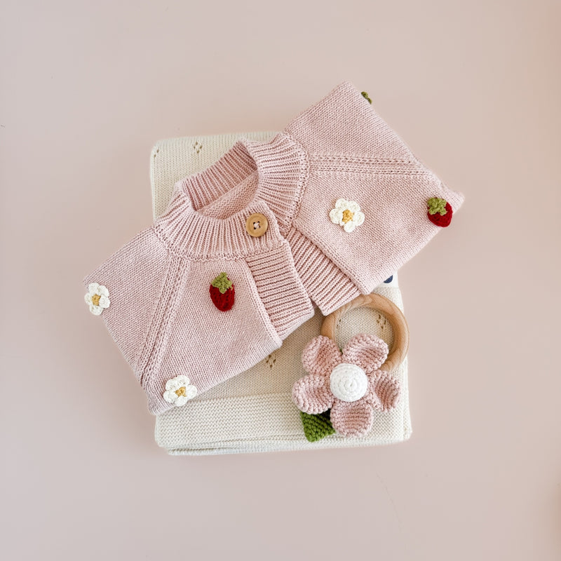 Cotton Crochet Rattle Teether - Pink Flower by The Blueberry Hill