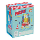 Shaped puzzle packaging with red and white striped lid on a white background