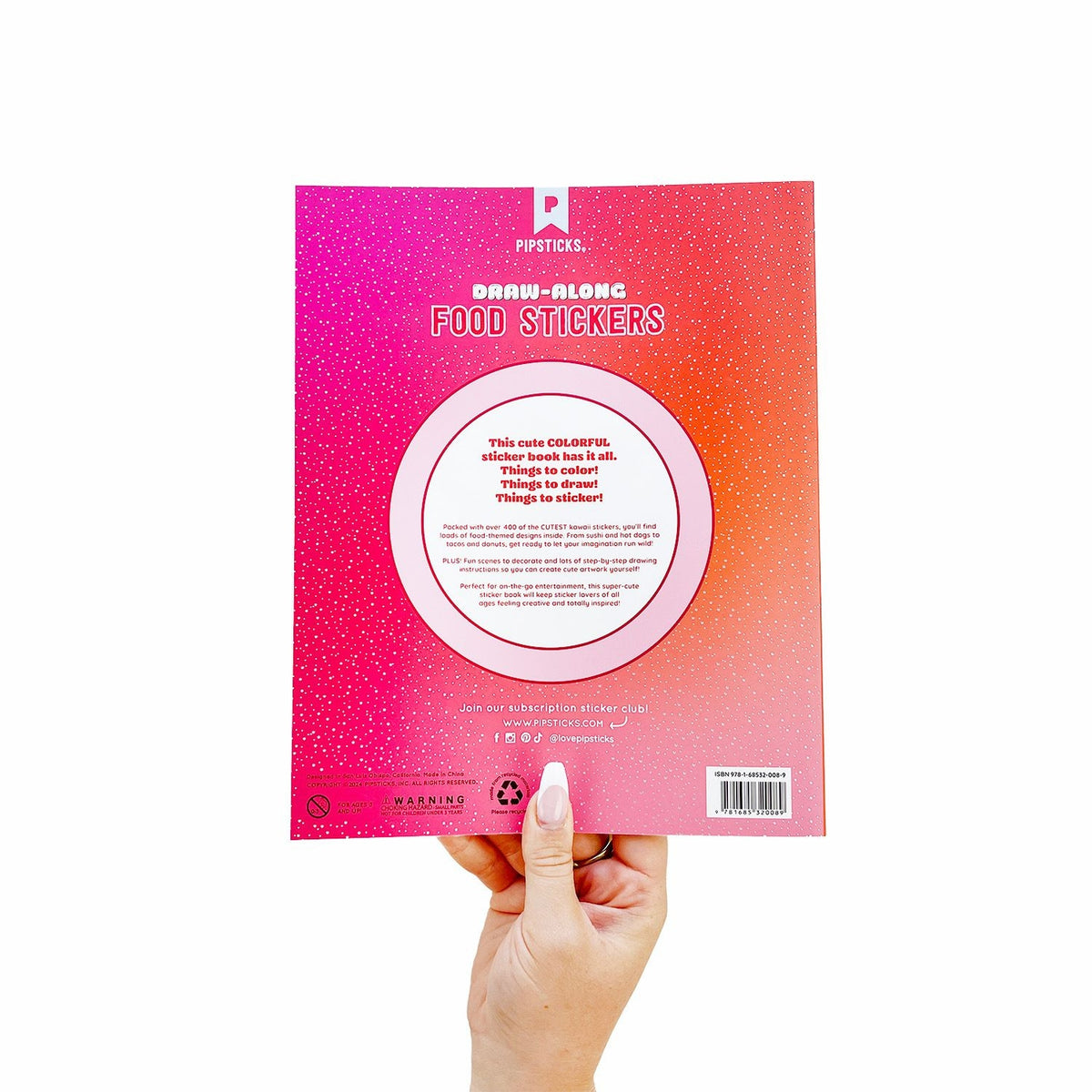 Packaging of food stickers with a hand holding it on a white background