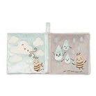 Two fabric books with cartoon cloud and raindrop designs on a white background