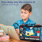 Children playing with a Master Detective Toolkit in a room with colorful lighting.
