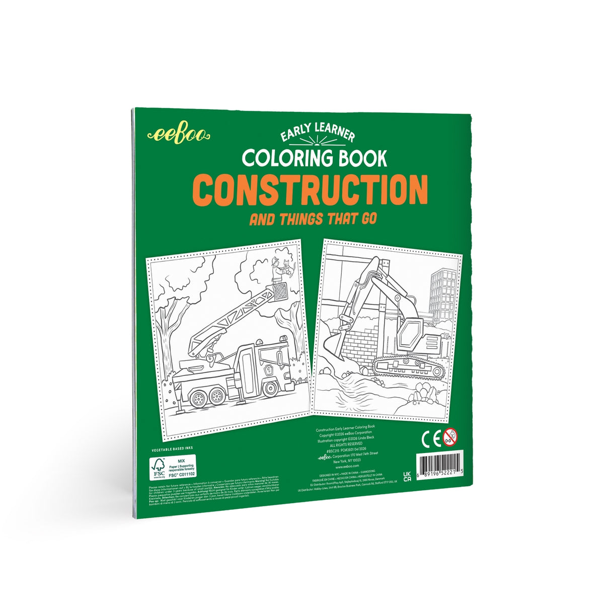 A green coloring book titled 'Construction and Things That Go' by Pebo, featuring black-and-white line art of construction vehicles on the cover, shown on a white background.