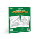 A green coloring book titled 'Construction and Things That Go' by Pebo, featuring black-and-white line art of construction vehicles on the cover, shown on a white background.