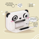 Cute panda-shaped printer with features highlighted on a beige background