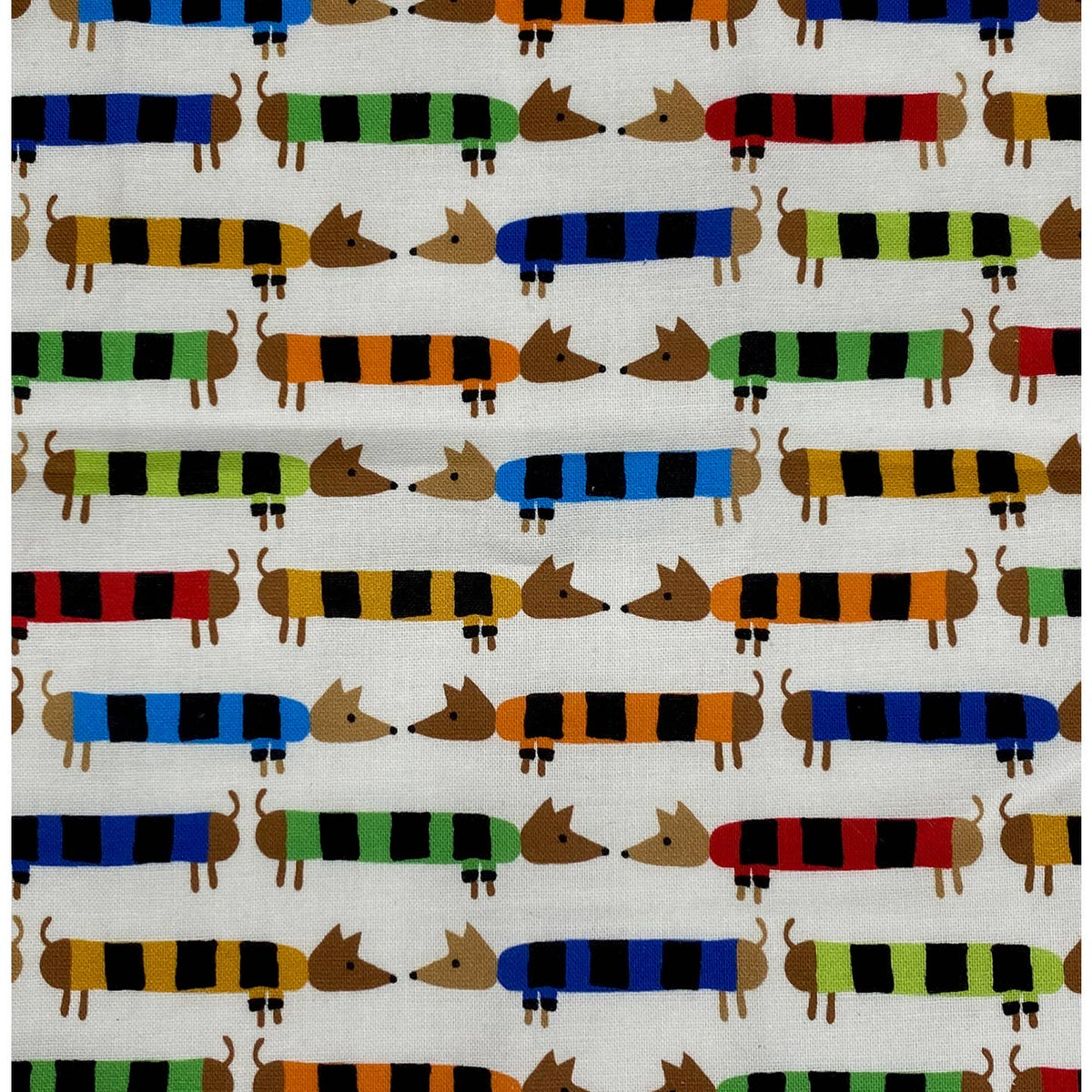 Pattern of colorful dogs in stripes on a white background