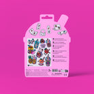 Pink packaging of stickers with colorful graphics on a pink background