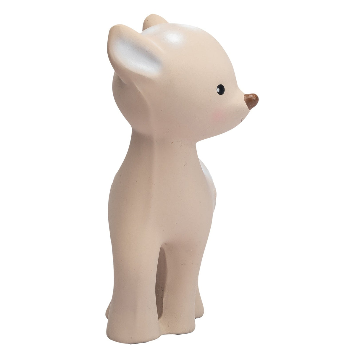A small ceramic deer figurine in a light cream color, standing in profile against a plain white background.