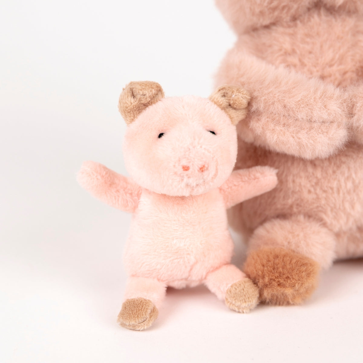 Small pink plush piggy with brown feet and ears on a light background
