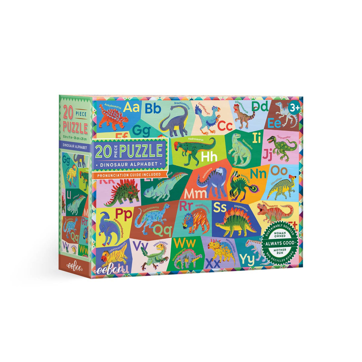 Children's puzzle box with dinosaur illustrations and alphabet letters on a white background
