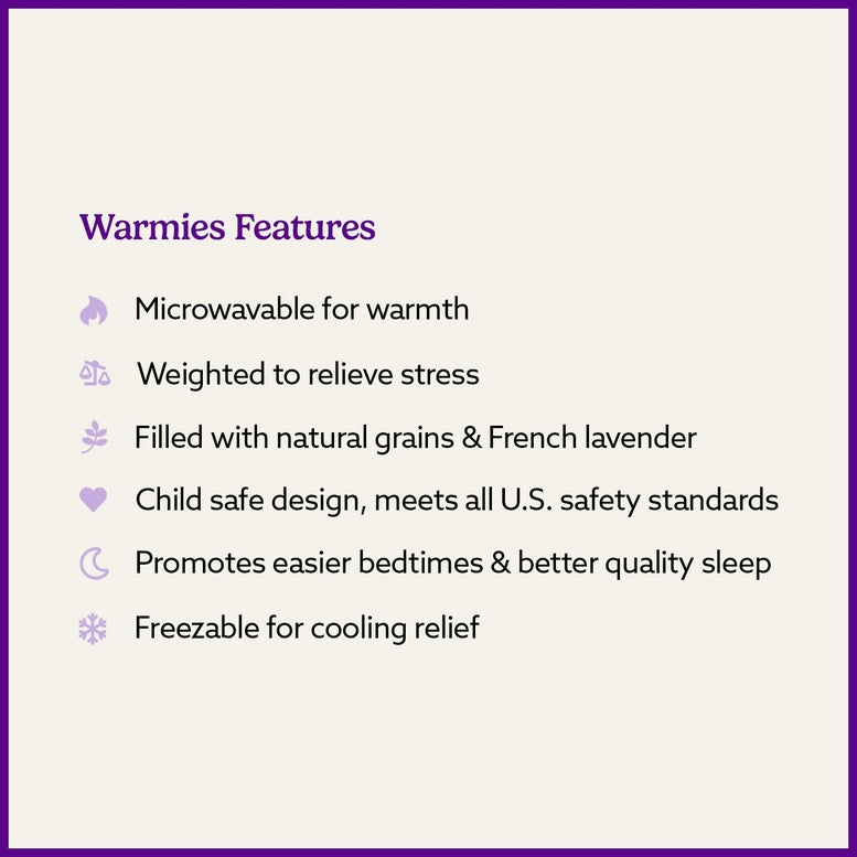 A graphic outlining Warmies features, including being microwavable for warmth, weighted to relieve stress, filled with natural grains and French lavender, child safe, promoting better sleep, and freezable for cooling relief.