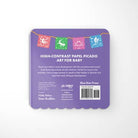 Purple packaging with text and colorful flags on a white background