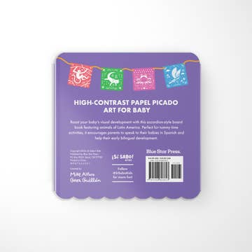 Purple packaging with text and colorful flags on a white background