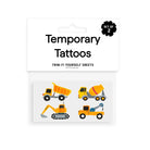 Set of temporary tattoos with construction vehicle designs on a white background.