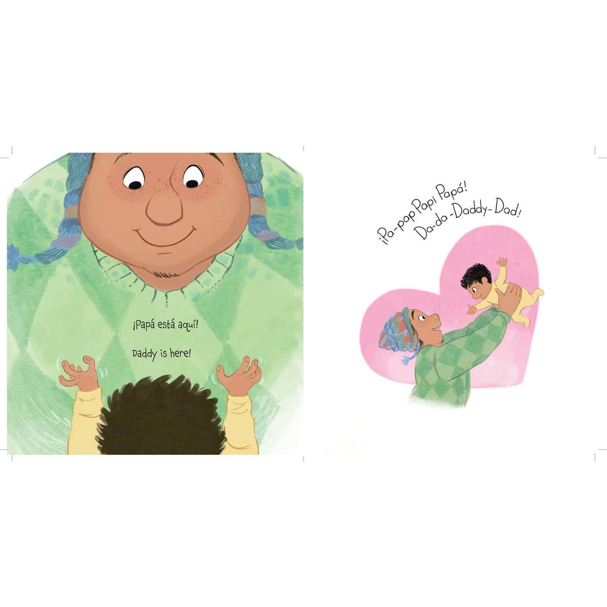 Illustration of a child with a heart-shaped window showing an adult holding a baby, with text in multiple languages.