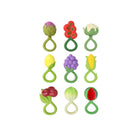 Set of colorful fruit and vegetable-shaped baby teether toys on a white background