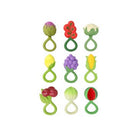 Set of colorful fruit and vegetable-shaped baby teether toys on a white background