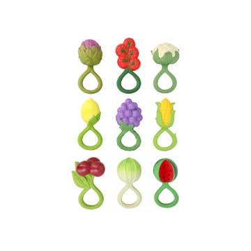 Set of colorful fruit and vegetable-shaped baby teether toys on a white background