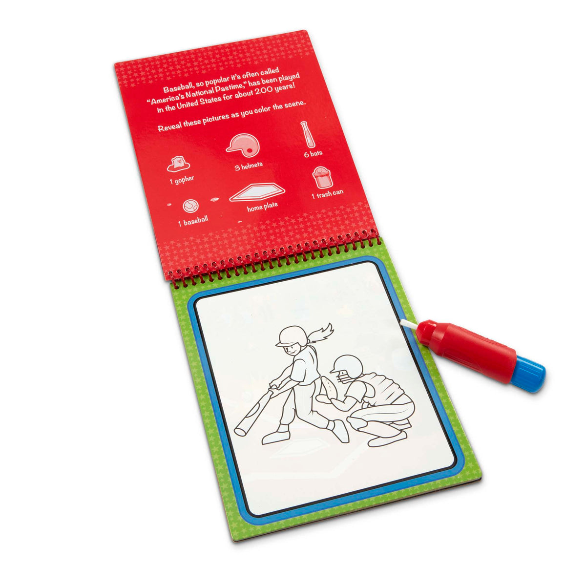 Coloring book with red cover and green base, featuring a baseball theme, on a white background.